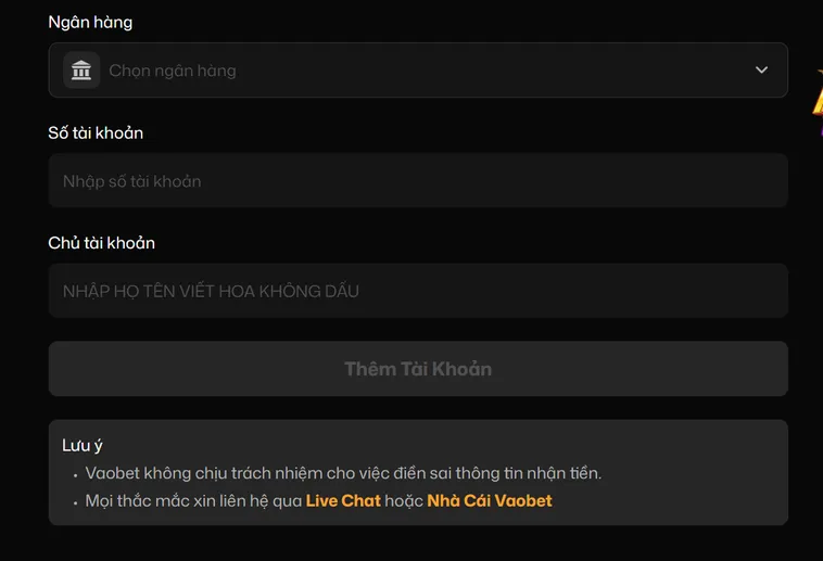 Quy trình rút tiền Vaobet qua tài khoản ngân hàng - tiền về tài khoản chỉ sau 5 phút.